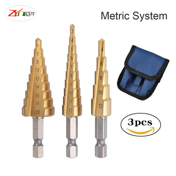 3Pcs set of 3-12mm 4-12mm 4-20mm Pagoda Drill Bits With Hexagonal Shank Straight Groove Ti Plated Stepped Drill Bits