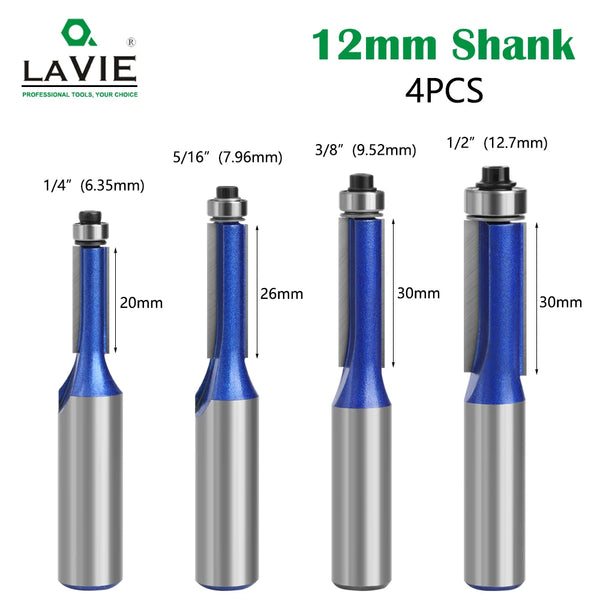 4pcs 12mm shank  high-quality Milling Cutter Flush Trim With Bearing Router Bit set for Woodworking H13016T4A