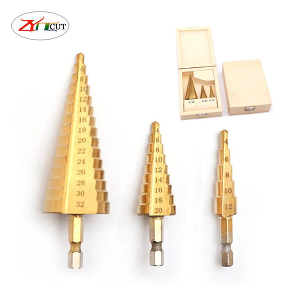 HSS Straight Groove Step Drill Bit Set 3pcs 4-12mm 4-20mm 4-32mm  Titanium Coated Wood Metal Hole Cutter Core сверло ступенчатое