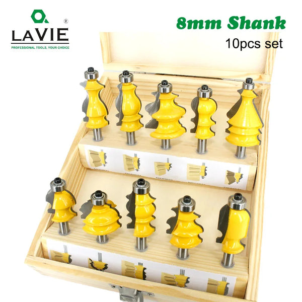LAVIE 10pcs 8mm Shank Architectural Molding Handrail Router Bits Set Casing Base CNC Line Woodworking Cutters Face Mill MC02070